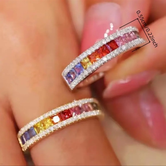 White Gold and Zirconia Multicolor Gemstone Ring Size 7 - Picture 2 of 4